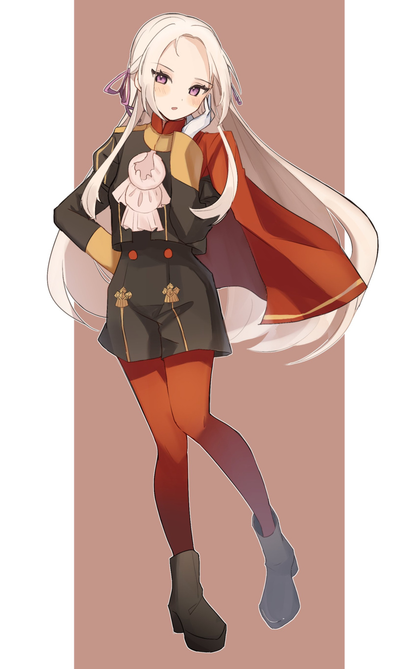 1girl absurdres ascot black_footwear blush boots border cape commentary_request edelgard_von_hresvelg fire_emblem fire_emblem:_three_houses forehead full_body garreg_mach_monastery_uniform gloves hair_ribbon highres long_hair long_sleeves looking_at_viewer outside_border palmijano pantyhose pillarboxed purple_ribbon red_background red_cape red_pantyhose ribbon simple_background solo very_long_hair violet_eyes white_ascot white_border white_gloves white_hair