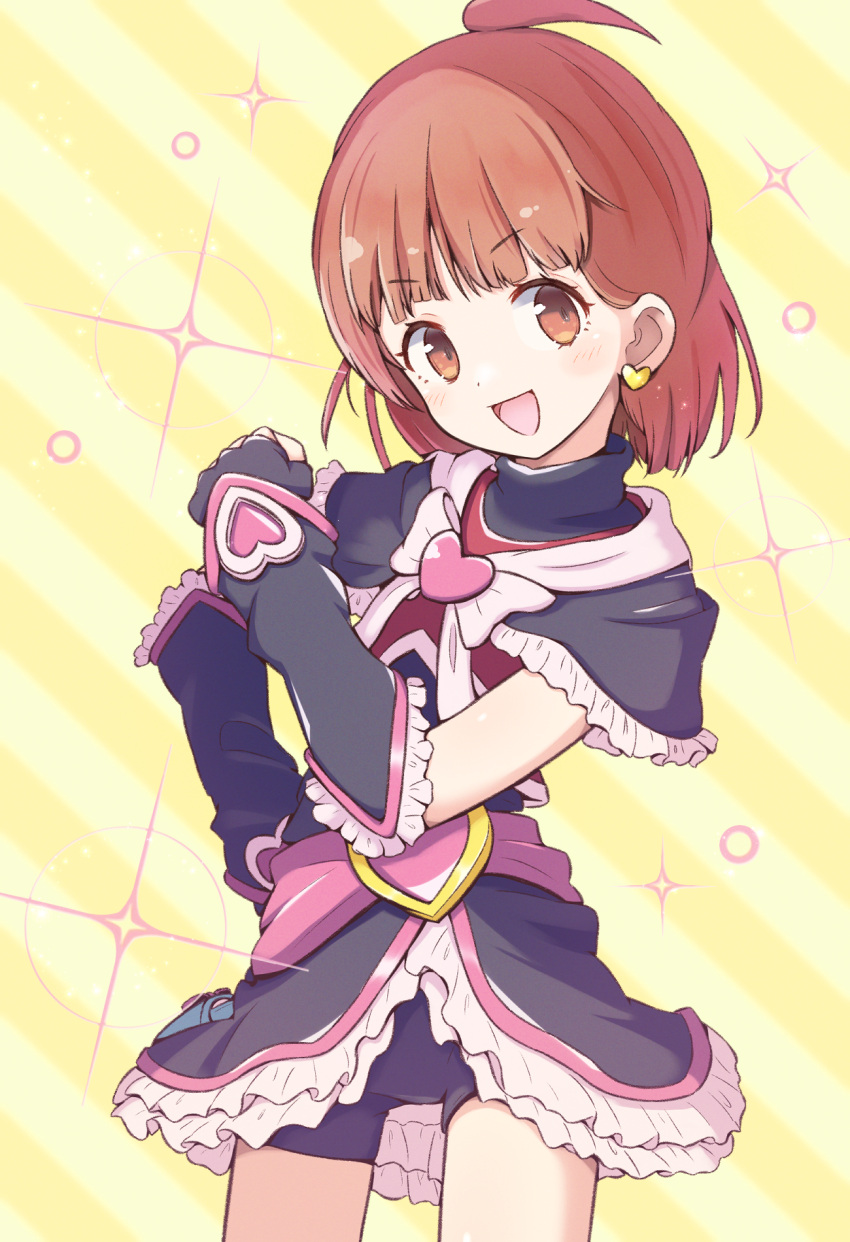 1girl arle_nadja black_gloves black_shirt black_shorts black_skirt bow brown_eyes brown_hair cosplay cure_black cure_black_(cosplay) earrings eyelashes frilled_skirt frills futari_wa_precure gloves hand_on_own_hip heart heart-shaped_ornament heart_earrings highres jazz_grace jewelry looking_at_viewer one_side_up open_mouth pink_bow precure puyopuyo puyopuyo_quest shirt shorts skirt striped striped_background yellow_background