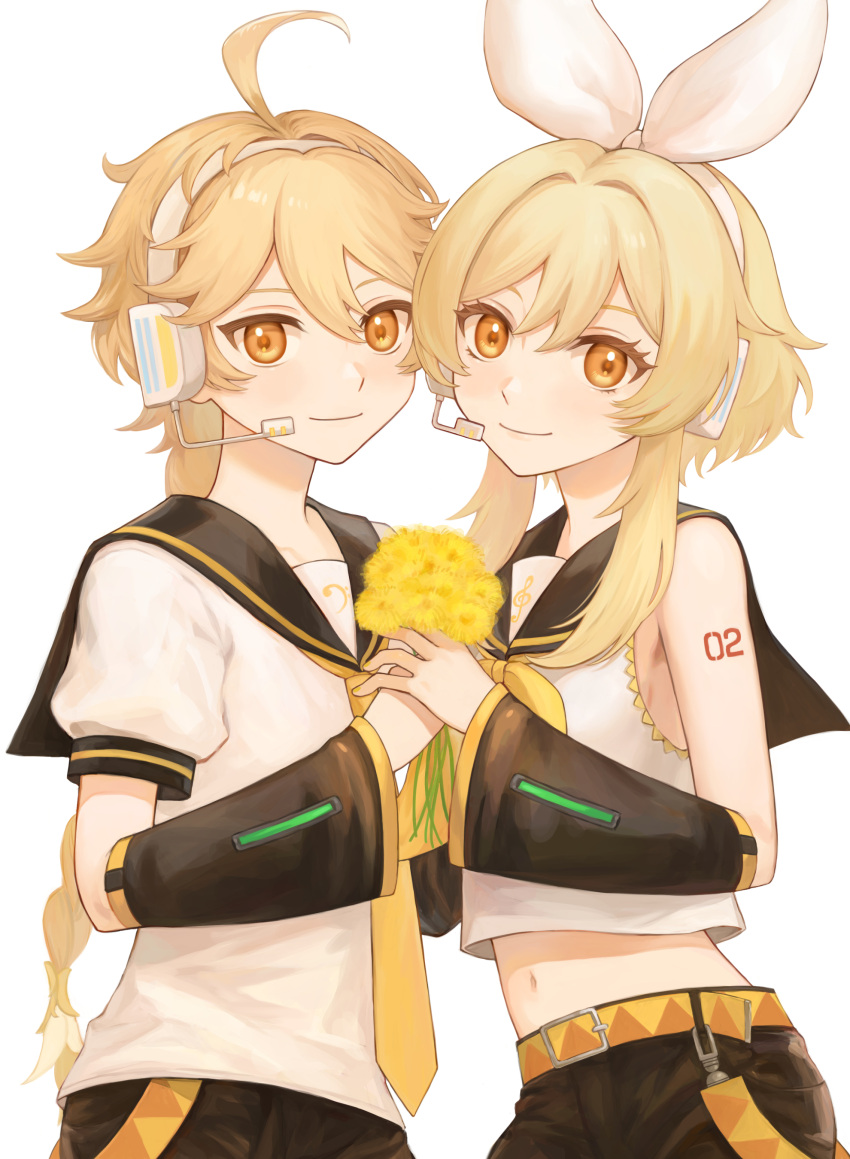 1boy 1girl absurdres aether_(genshin_impact) ahoge blonde_hair brother_and_sister closed_mouth commentary_request cosplay crop_top detached_sleeves flower hairband headphones headset highres holding holding_flower holding_hands kagamine_len kagamine_len_(cosplay) kagamine_rin kagamine_rin_(cosplay) kumo955 looking_at_viewer lumine_(genshin_impact) midriff navel neckerchief necktie orange_eyes shirt siblings smile stomach vocaloid white_hairband white_shirt yellow_flower yellow_necktie