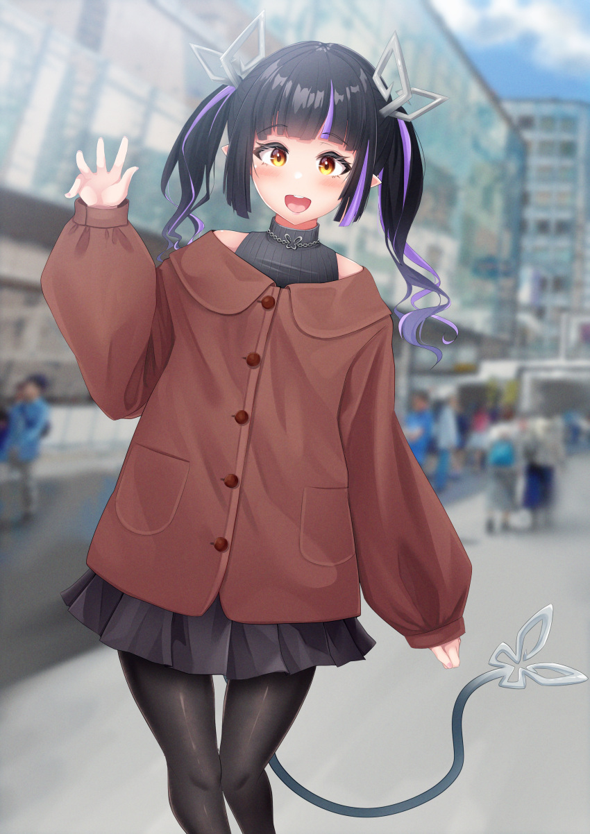 1girl absurdres alternate_costume black_dress black_hair black_pantyhose blunt_bangs blurry blurry_background blush brown_coat buttons coat commentary_request demon_girl demon_horns demon_tail dress feet_out_of_frame highres horns jewelry kojo_anna long_hair looking_at_viewer medium_bangs multicolored_hair nanashi_inc. necklace open_mouth pantyhose people photo_background pocket pointy_ears purple_hair robou_no_stone simple_background sleeveless sleeveless_dress sleeves_past_wrists smile solo_focus tail twintails two-tone_hair virtual_youtuber waving yellow_eyes