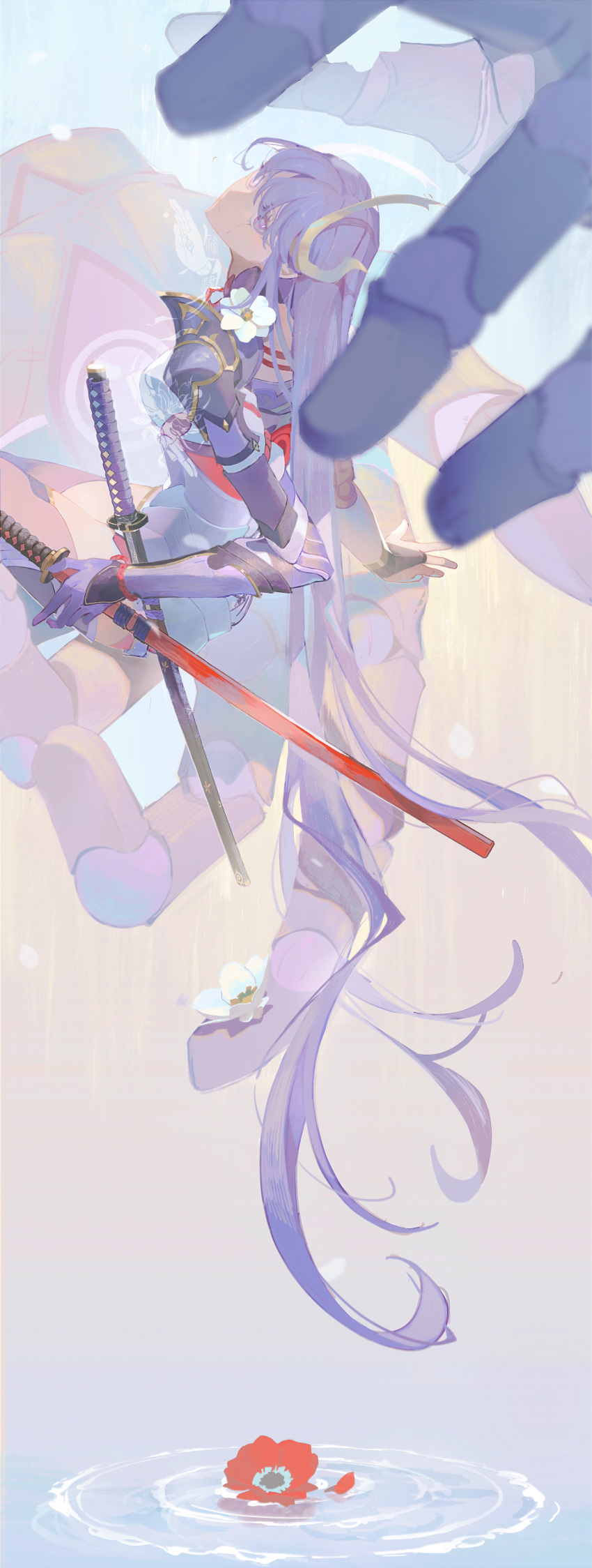 1girl absurdres blunt_bangs chinese_commentary commentary_request cracked_skin disembodied_limb fake_horns floating flower genshin_impact highres holding holding_weapon horns katana long_hair looking_at_viewer looking_up purple_hair raiden_shogun raiden_shogun_(magatsu_mitake_narukami_no_mikoto) red_flower ripples sitting solo sword violet_eyes water weapon white_flower winkr