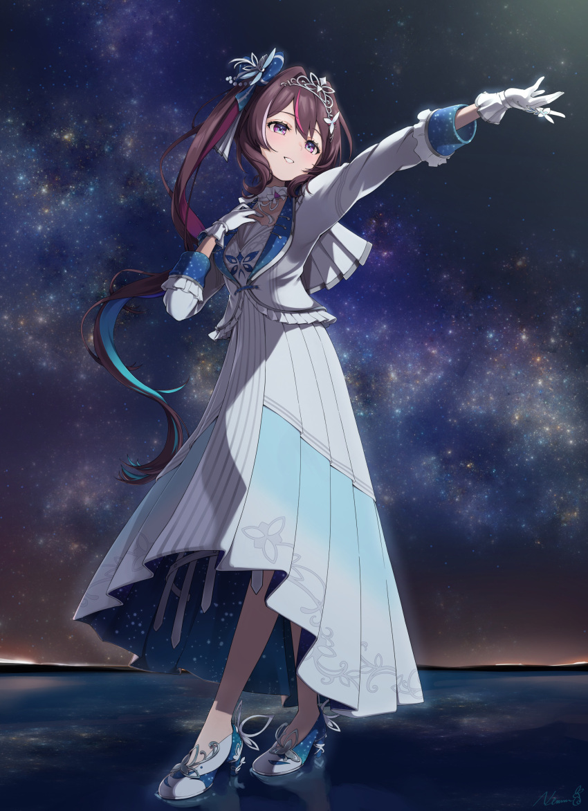 1girl absurdres azki_(5th_costume)_(hololive) azki_(hololive) black_hair blue_bow blue_hair bow colored_inner_hair commentary_request dress full_body gloves hair_bow hand_on_own_chest hand_up high_heels highres hololive jacket layered_dress long_hair long_sleeves looking_ahead multicolored_footwear multicolored_hair night night_sky pink_hair side_ponytail sky smile solo standing star_(sky) starry_sky streaked_hair tiara totoro_(hirohero24) very_long_hair violet_eyes virtual_youtuber wading wavy_hair white_dress white_gloves white_hair white_jacket