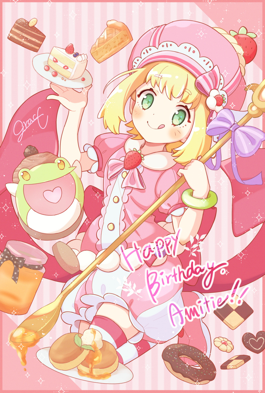 1girl amitie_(puyopuyo) blonde_hair blush_stickers bow cake cake_slice character_name checkerboard_cookie cookie donguri_gaeru doughnut food fruit green_eyes happy_birthday heart heart-shaped_cookie heart_in_mouth highres honey jazz_grace licking_lips macaron pie pie_slice pink_footwear pink_headwear pink_shirt puffy_short_sleeves puffy_shorts puffy_sleeves purple_bow puyopuyo puyopuyo_fever puyopuyo_quest shirt short_sleeves shorts signature strawberry strawberry_hat_ornament striped striped_shorts striped_thighhighs thigh-highs tongue tongue_out vertical-striped_shorts vertical_stripes