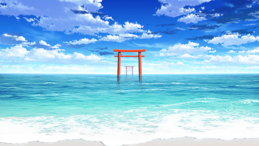 beach blue_sky clouds day game_cg ginka kuro-kun_(nablack) multiple_torii no_humans ocean official_art outdoors scenery sky torii