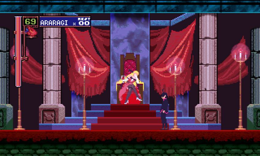 1boy 1girl ahoge araragi_koyomi blonde_hair castlevania:_symphony_of_the_night castlevania_(series) crossed_legs crossover kiss-shot_acerola-orion_heart-under-blade monogatari_(series) oshino_shinobu pixel_art rapa_rachi scene_reference sitting species_connection throne what_is_a_man?