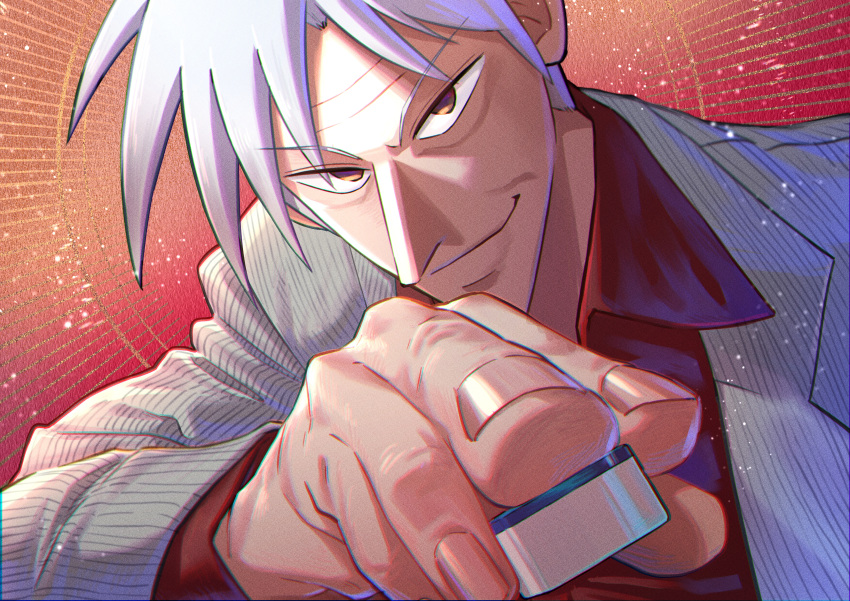 1boy absurdres akagi_shigeru blazer brown_eyes closed_mouth commentary_request dutch_angle fingernails fukumoto_mahjong highres holding_mahjong_tile jacket looking_at_viewer mahjong mahjong_tile male_focus medium_bangs old old_man pointy_nose red_background short_hair smile solo striped striped_jacket sunburst sunburst_background tachihiro1000 ten_(manga) upper_body white_hair white_jacket