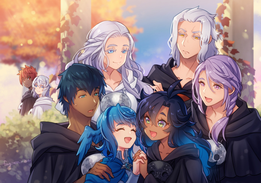3girls 5boys :d :o ^_^ antenna_hair aqua_eyes artist_name autumn_leaves black_capelet black_hair blue_eyes blue_hair blue_sky braid bush capelet closed_eyes collarbone colored_eyelashes commentary_request emet-selch erichthonios final_fantasy final_fantasy_xiv forgiven_riza from_side frown green_eyes half_updo hand_on_another's_shoulder head_wings hermes_(ff14) holding_hands hood hood_down hooded_capelet hythlodaeus interlocked_fingers long_hair looking_at_another mask mask_around_neck medium_hair meteion multiple_boys multiple_girls open_mouth outdoors pillar pink_eyes purple_hair short_hair side_braid signature single_braid sky smile standing sunlight sweatdrop swept_bangs tan themis_(ff14) tree unworn_mask upper_body venat_(ff14) warrior_of_light_(ff14) wavy_hair white_capelet white_hair wings yellow_eyes