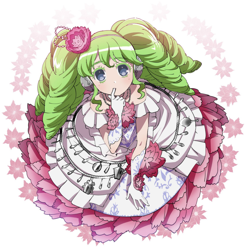 1girl bead_necklace beads colored_eyelashes dress edamame_(buruburu) expressionless falulu finger_in_own_mouth finger_sucking flower frilled_dress frills from_above gloves green_hair grey_eyes hair_flower hair_ornament hand_up headphones highres jewelry long_hair looking_at_viewer necklace pink_flower pretty_(series) pripara sidelocks solo twintails white_dress white_gloves