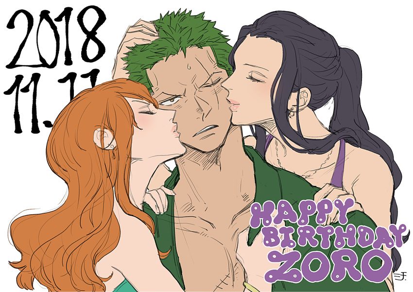 1boy 2girls 7sun bare_shoulders black_hair character_name closed_eyes commentary_request dated earrings english_text hand_on_another's_head happy_birthday hetero highres japanese_clothes jewelry kiss kissing_cheek long_hair multiple_girls nami_(one_piece) nico_robin one_eye_closed one_piece open_mouth orange_hair ponytail roronoa_zoro scar scar_across_eye scar_on_chest scar_on_face short_hair simple_background teeth white_background