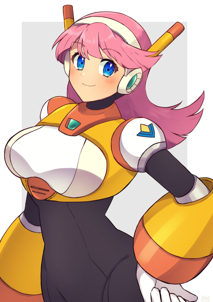 1girl blue_eyes blush breasts character_request check_character closed_mouth hand_on_own_hip headset highres large_breasts long_hair looking_at_viewer mega_man:_maverick_hunter_x mega_man_(series) mega_man_x_(series) navigator_(mega_man) pink_hair robot_girl smile solo swept_bangs tobitori