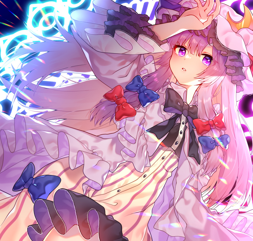 1girl arm_up black_bow black_bowtie blue_bow bow bowtie commentary_request cowboy_shot crescent crescent_hat_ornament dress frilled_sleeves frills hair_bow hat hat_ornament highres long_hair looking_at_viewer magic mob_cap parted_lips patchouli_knowledge pink_dress pink_headwear purple_hair red_bow renka_(sutegoma25) solo striped striped_dress touhou vertical-striped_dress vertical_stripes violet_eyes