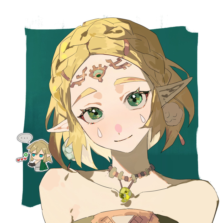 1boy 1girl bare_shoulders blonde_hair blush braid chibi chibi_inset closed_mouth collarbone crown_braid dangle_earrings dot_nose earrings green_background green_eyes hair_ornament hairclip head_tilt heart highres jewelry link looking_at_viewer magatama magatama_necklace necklace nose_blush pointy_ears princess_zelda short_hair simple_background smile solo_focus teardrop_facial_mark the_legend_of_zelda the_legend_of_zelda:_tears_of_the_kingdom thick_eyebrows ximi ximi0910