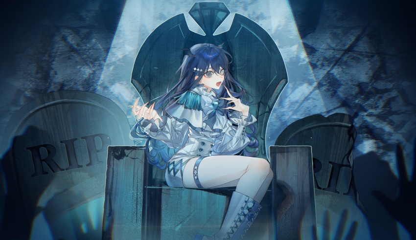 1girl absurdres ascot blue_background blue_eyes blue_gemstone blue_hair boots bow bowtie broken brooch capelet cross-laced_footwear dark_blue_hair demon_wings diamond_hair_ornament epaulettes eyeshadow fangs feet_out_of_frame finger_to_mouth fingernails frilled_shirt_collar frilled_sleeves frills gem gem_(symbol) hair_between_eyes hair_ornament hairclip head_wings heterochromia high-waist_shorts highres indie_virtual_youtuber jewelry lace-up_boots long_hair long_sleeves looking_at_viewer makeup nanami_urara_(vtuber) official_art open_mouth outstretched_hand puffy_long_sleeves puffy_sleeves red_eyeshadow red_pupils sayu_(snowman_and_mayu) sharp_fingernails shirt short_shorts shorts sitting sitting_sideways skin_fangs solo spotlight thigh_strap throne tombstone virtual_youtuber white_ascot white_bow white_bowtie white_capelet white_footwear white_shirt white_shorts wings