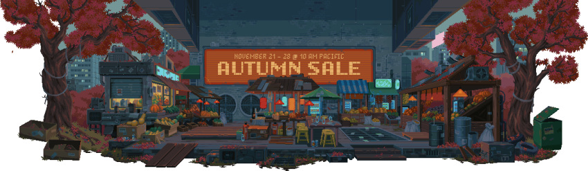 animated animated_gif autumn autumn_leaves brick_wall building chair desk falling_leaves food fruit glass_bottle highres lantern leaf light looping_animation market_stall no_humans outdoors pixel_art pumpkin rain scenery steam_(platform) tire transparent_background tree vegetable