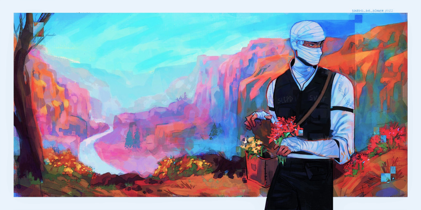 1boy 2022 absurdres artist_name bag bandaged_arm bandages bare_tree black_pants blue_eyes blue_sky bulletproof_vest canyon cardo-de-comer cliff cropped_feet dark_skin dated day fallout_(series) fallout_new_vegas flower grass highres holding impressionism joshua_graham looking_to_the_side male_focus pants pine_tree red_flower river sky solo strap swat tree yellow_flower
