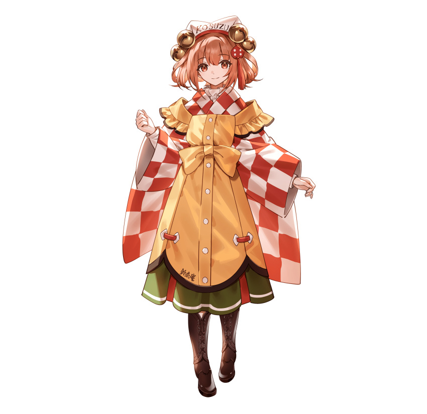 1girl absurdres apron bell checkered_clothes checkered_kimono clothes_writing hair_bell hair_ornament hands_up highres japanese_clothes kimono looking_at_viewer motoori_kosuzu orange_eyes orange_hair smile solo touhou transparent_background twintails two_side_up u_u_zan wide_sleeves yellow_apron