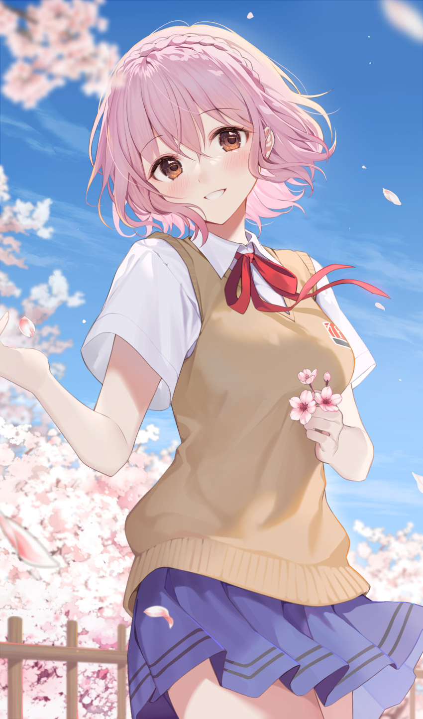 1girl absurdres blue_skirt blue_sky blush braid breasts brown_eyes cherry_blossoms cherry_tree cowboy_shot date_a_live flower highres holding holding_flower ion_(on01e) looking_at_viewer medium_breasts medium_hair outdoors petals pink_hair school_uniform shirt skirt sky smile solo sonogami_rinne vest white_shirt yellow_vest