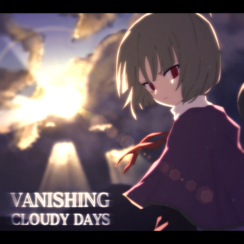 1other adagumo_no_saragimaru album_cover androgynous atoymk capelet closed_mouth clouds cloudy_sky cover english_text film_grain green_hair green_trim highres len'en letterboxed neck_ribbon other_focus purple_capelet red_eyes red_ribbon ribbon shirt short_hair sky slit_pupils solo white_shirt