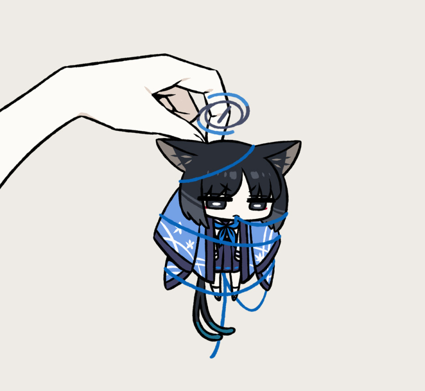 1girl 1other animal_ears black_eyes black_hair black_skirt blue_archive blue_halo cat_ears cat_tail chan_co grey_background halo haori japanese_clothes kikyou_(blue_archive) long_sleeves mini_person minigirl multiple_tails pleated_skirt short_hair simple_background skirt socks solo_focus tail two_tails white_socks