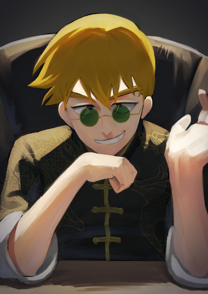 1boy absurdres alternate_costume arms_on_table black_background chair chinese_clothes dragon_print green-tinted_eyewear grin highres looking_at_viewer magurosamm male_focus mob_psycho_100 orange_hair reigen_arataka round_eyewear short_hair sitting smile solo tinted_eyewear