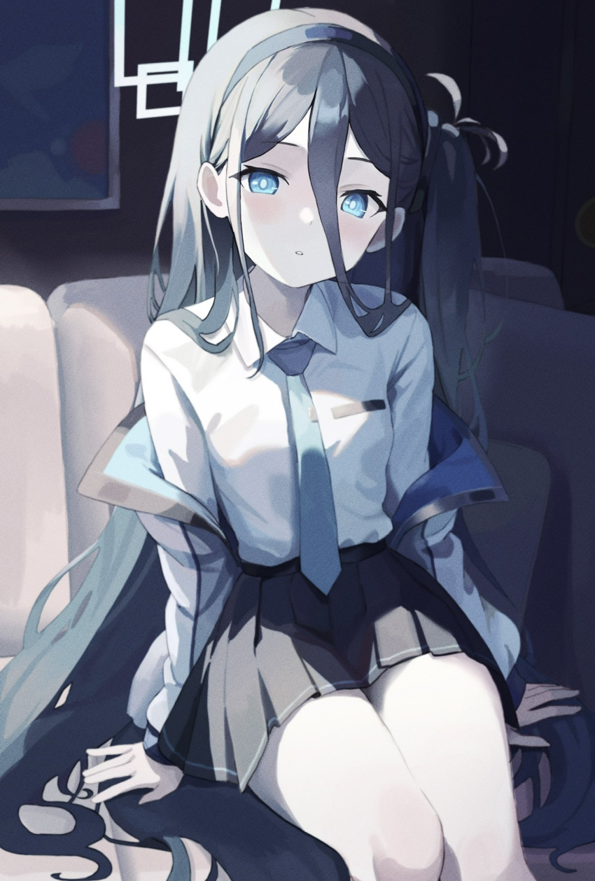 1girl :o aris_(blue_archive) black_hair black_hairband black_skirt blue_archive blue_eyes blue_necktie blush bright_pupils chikoku feet_out_of_frame hair_between_eyes hairband halo highres indoors jacket jacket_partially_removed long_bangs looking_at_viewer necktie one_side_up pleated_skirt school_uniform shirt sitting skirt solo two-sided_fabric two-sided_jacket white_pupils white_shirt