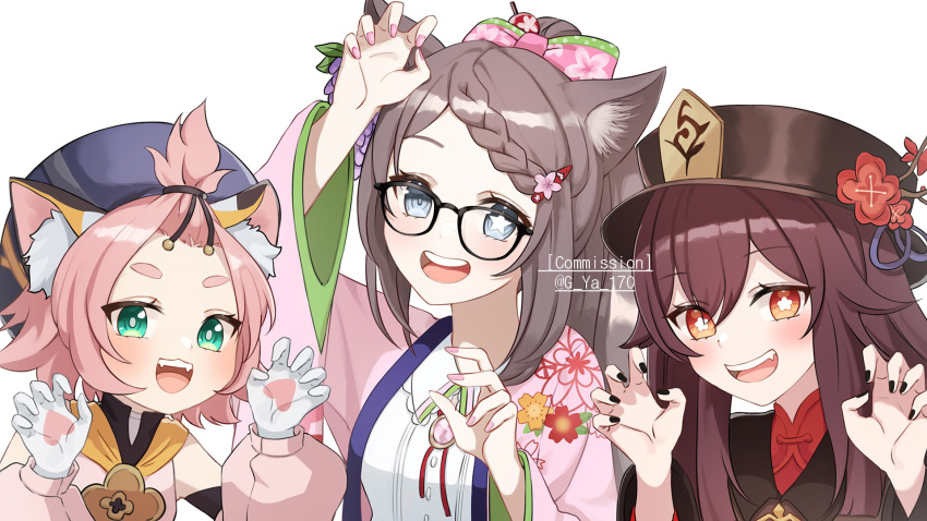 3girls animal_ear_fluff animal_ears aqua_eyes bad_link black_nails braid brown_hair brown_headwear cat_ears cat_girl cat_tail commission diona_(genshin_impact) fangs flower flower-shaped_pupils genshin_impact glasses gloves grey_eyes gya_(144) hair_between_eyes hair_ornament hairclip hat highres hu_tao_(genshin_impact) japanese_clothes jewelry long_hair long_sleeves multiple_girls open_mouth original pink_hair red_eyes shirt short_hair smile star-shaped_pupils star_(symbol) symbol-shaped_pupils tail teeth tongue upper_teeth_only white_gloves white_shirt