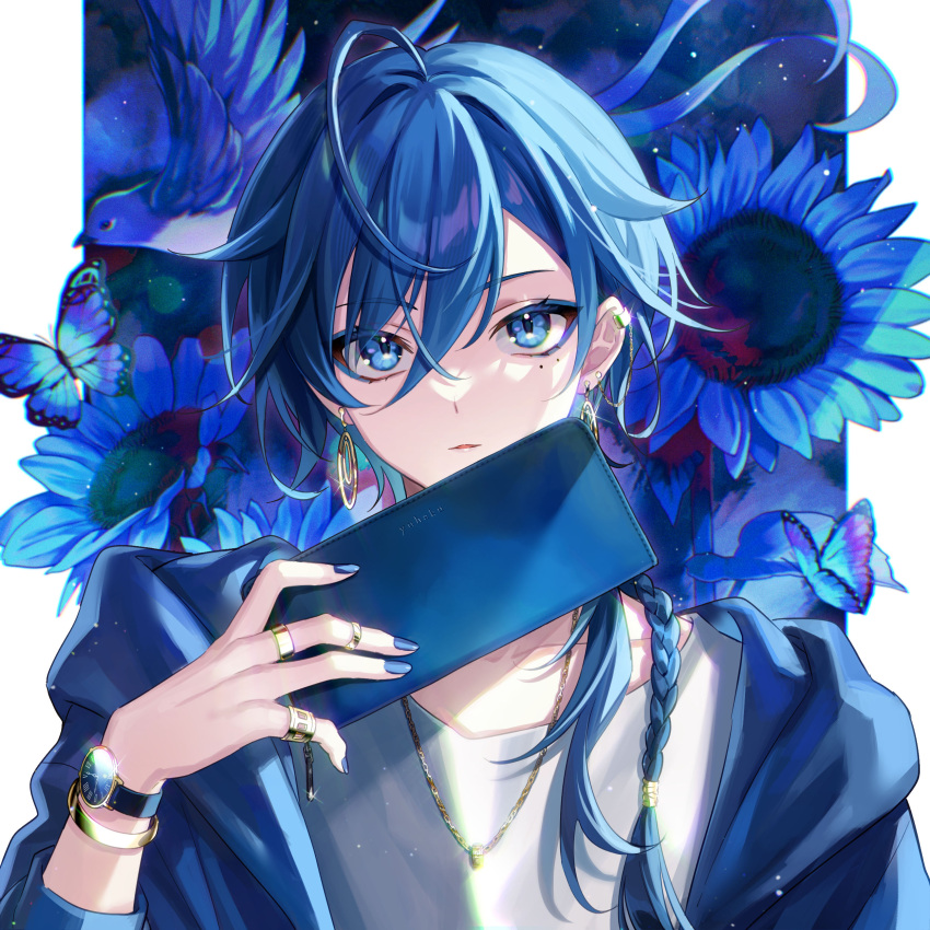 1boy absurdres amaichi_esora bird blue_bird blue_butterfly blue_eyes blue_eyeshadow blue_flower blue_hair blue_jacket blue_nails blue_theme border bracelet braid bug butterfly chain_necklace ear_chain ear_piercing earclip earrings eyeshadow flower hair_over_shoulder hand_up highres holding holding_wallet hoop_earrings jacket jewelry long_hair long_sleeves looking_at_viewer makeup male_focus mole mole_under_eye multiple_moles multiple_rings nail_polish necklace original outside_border parted_lips piercing pillarboxed pinky_ring ring shirt single_braid solo sunflower upper_body wallet watch watch white_border white_shirt
