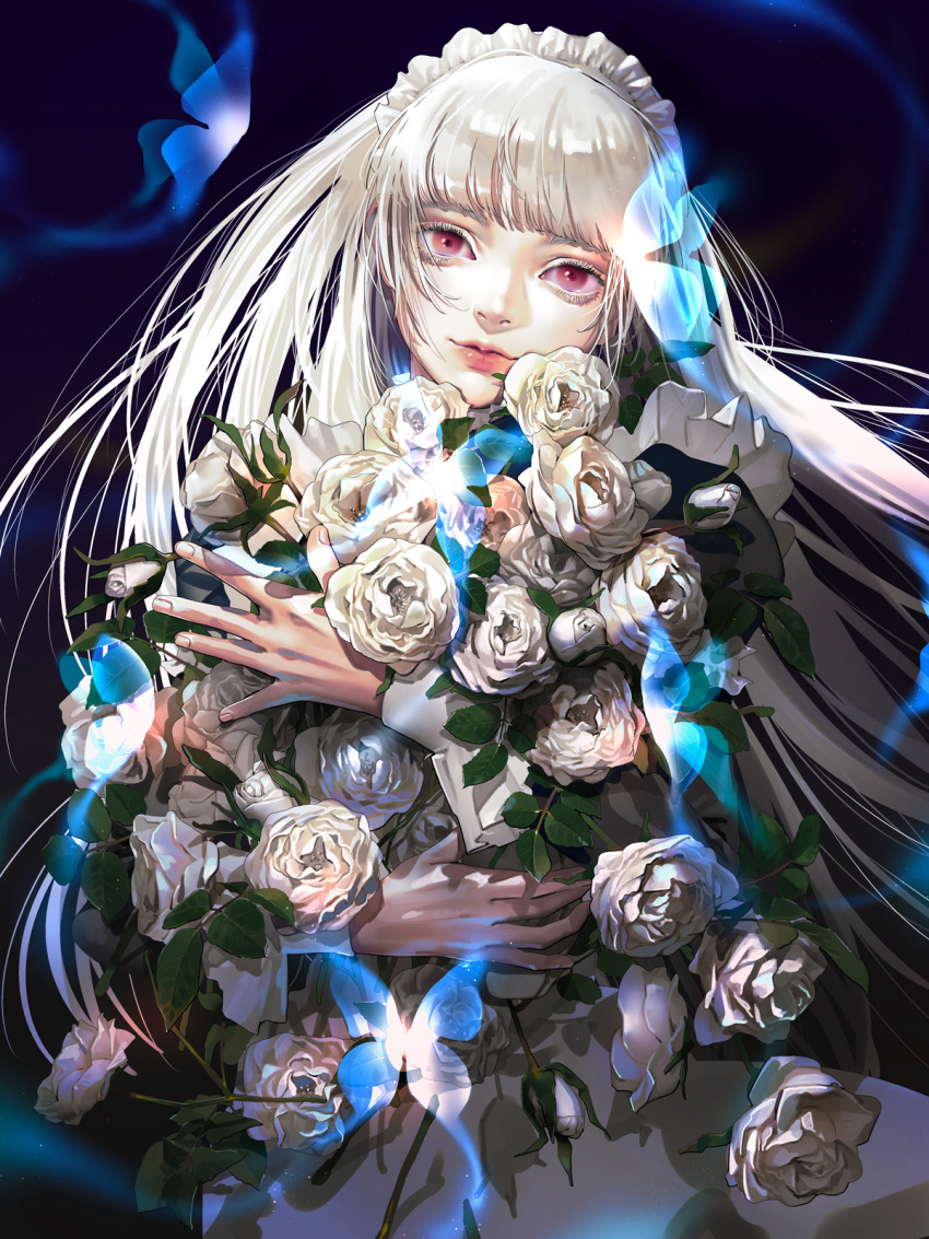 1girl albino blunt_bangs bug butterfly fata_morgana_no_yakata flower highres holding holding_flower kane_mune light_smile long_hair looking_at_viewer maid maid_headdress official_art pale_skin red_eyes rose solo the_white-haired_girl_(fata_morgana_no_yakata) white_flower white_hair white_rose