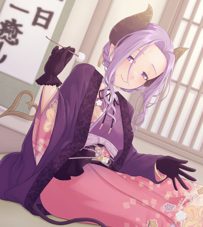 1girl absurdres black_gloves black_ribbon blush braid breasts closed_mouth commentary_request demon_girl demon_horns demon_tail dutch_angle feet_out_of_frame frilled_gloves frills gem gloves hair_between_eyes hanging_scroll highres holding horns indoors japanese_clothes kimono long_bangs long_hair long_sleeves looking_at_viewer mimikaki mole mole_under_mouth nanashi_inc. neck_ribbon other5555 parted_bangs pearl_(gemstone) pink_skirt pointy_ears purple_hair purple_kimono ribbon saionji_mary scroll sidelocks sitting skirt smile solo tail violet_eyes virtual_youtuber wide_sleeves