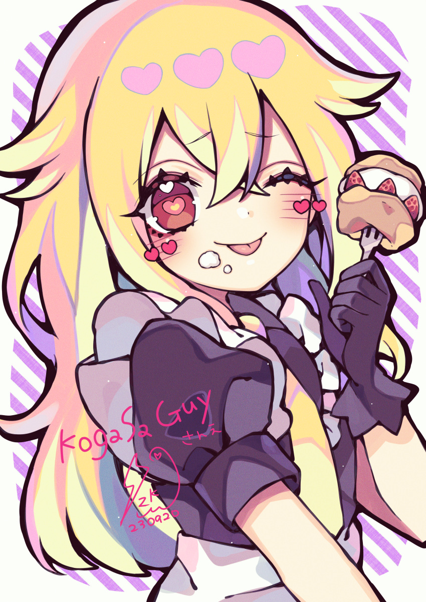 1girl absurdres blonde_hair cake commission food fruit heart heart-shaped_pupils highres koga_twin_(female) kyouda_suzuka long_hair looking_at_viewer maid one_eye_closed original skeb_commission strawberry striped striped_background symbol-shaped_pupils tongue tongue_out