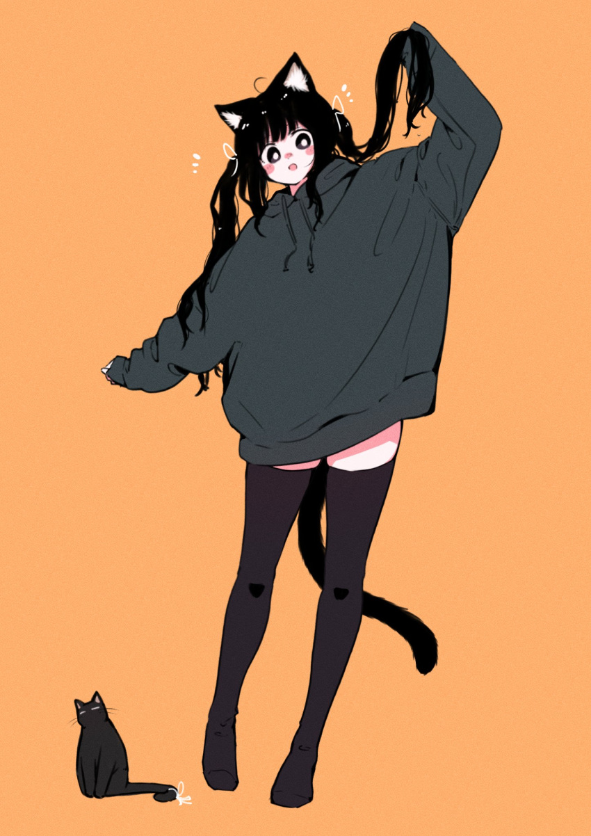 1girl :d ahoge alternate_hairstyle animal_ear_fluff animal_ears arm_up black_cat black_eyes black_hair black_thighhighs blush blush_stickers bright_pupils cat cat_ears cat_girl cat_tail grey_hoodie hand_in_own_hair heel_up highres holding holding_hair hood hoodie megateru nose_blush open_mouth orange_background original oversized_clothes ribbon sleeves_past_wrists smile solo tail thigh-highs twintails white_pupils white_ribbon