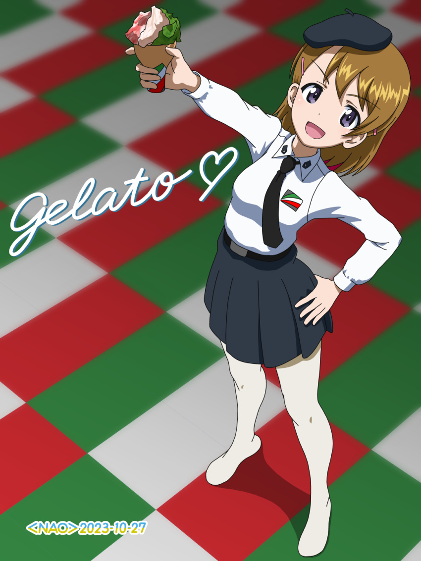 1girl anzio_school_uniform arm_up artist_name belt beret black_belt black_headwear black_necktie black_skirt brown_eyes brown_hair character_name commentary commission cursive dated dress_shirt emblem english_commentary food full_body gelato_(food) gelato_(girls_und_panzer) girls_und_panzer hair_ornament hairclip hand_on_own_hip hat highres holding holding_food long_sleeves looking_at_viewer miniskirt mixed-language_commentary naotosi necktie no_shoes open_mouth pantyhose pixiv_commission pleated_skirt school_uniform shirt short_hair skirt smile solo standing white_pantyhose white_shirt wing_collar