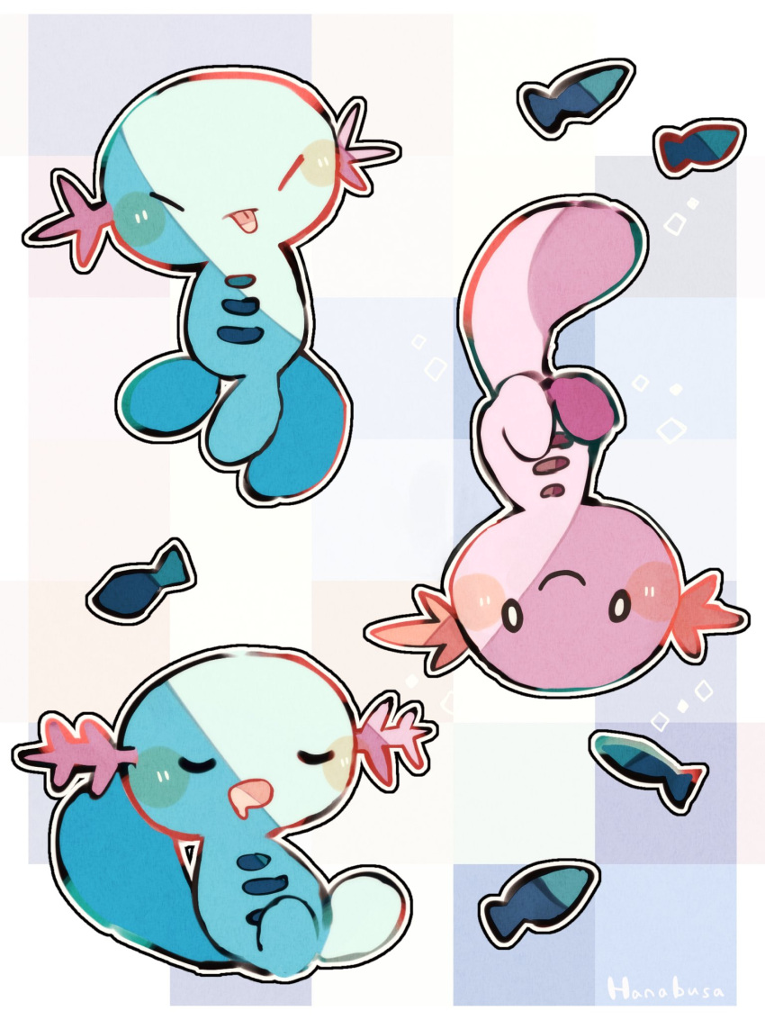 &gt;_&lt; :p alternate_color animal_focus artist_name closed_eyes commentary_request drooling hanabusaoekaki highres no_humans pokemon pokemon_(creature) shiny_pokemon sitting sleeping smile solid_oval_eyes tongue tongue_out upside-down white_background wooper