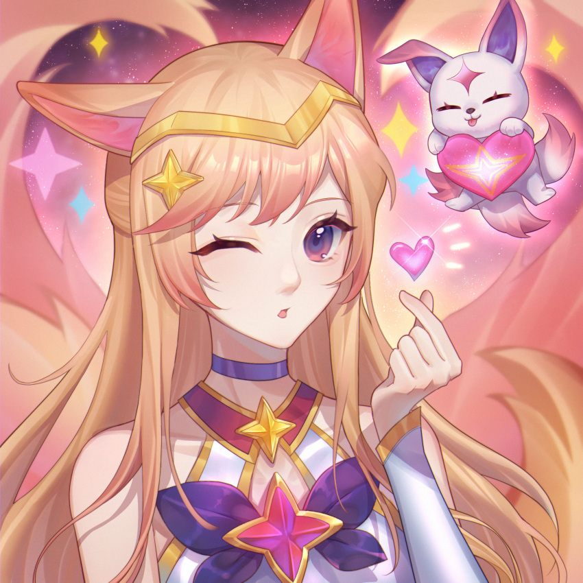 1girl :p ;o ahri_(league_of_legends) animal animal_ears bare_shoulders blue_choker bow bowtie brown_eyes choker closed_eyes covered_collarbone detached_sleeves finger_heart fox_ears fox_girl fox_tail gold_headband grey_sleeves hair_ornament heart highres league_of_legends long_hair long_sleeves looking_at_viewer multiple_tails official_alternate_costume one_eye_closed open_mouth purple_bow purple_bowtie qianniao_zhi_shi smile space sparkle star_(symbol) star_guardian_(league_of_legends) star_guardian_ahri star_hair_ornament starry_background tail tongue tongue_out upper_body
