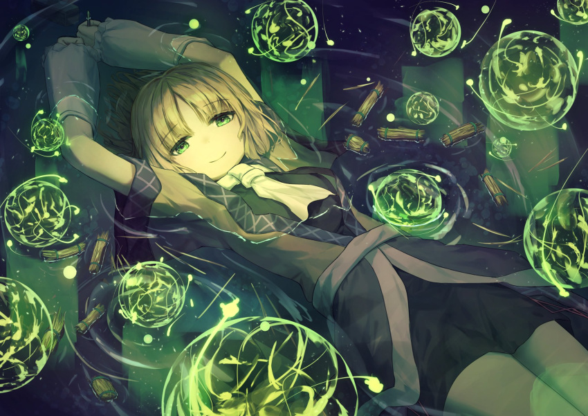 1girl black_dress blonde_hair brown_jacket dress fingerless_gloves gloves green_eyes highres jacket looking_at_viewer mizuhashi_parsee partially_submerged river smile solar_torch solo touhou white_gloves