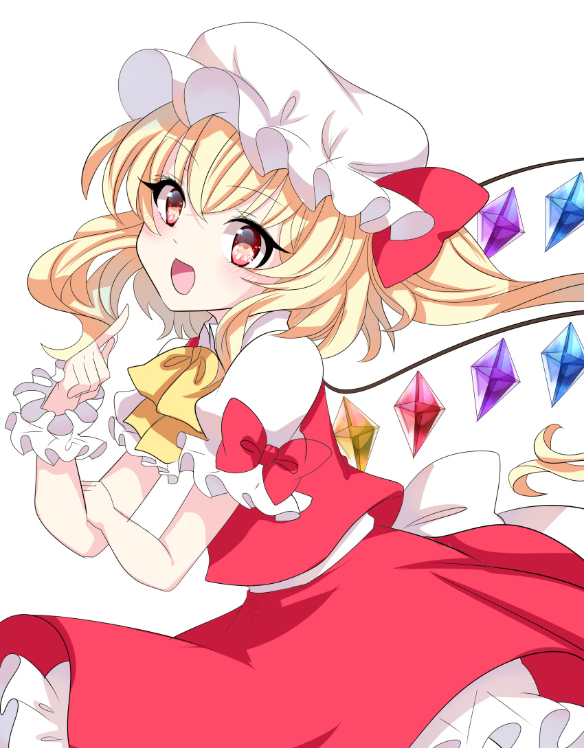 1girl absurdres back_bow blonde_hair bow bowtie chiyori_(soleilandiris) collared_shirt cowboy_shot crystal flandre_scarlet frilled_bowtie from_side hair_between_eyes hand_on_own_arm happy head_tilt highres index_finger_raised large_bow long_hair looking_at_viewer looking_to_the_side multicolored_wings one_side_up open_mouth puffy_short_sleeves puffy_sleeves red_bow red_eyes red_skirt red_vest shirt short_sleeves skirt skirt_set sleeve_bow solo touhou vest white_background white_bow white_headwear white_shirt wings wrist_cuffs yellow_bow yellow_bowtie