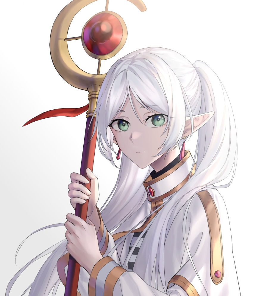 1girl closed_mouth earrings elf frieren green_eyes hands_up highres holding holding_staff jewelry long_hair long_sleeves looking_at_viewer pointy_ears solo sousou_no_frieren staff suprii twintails upper_body white_hair