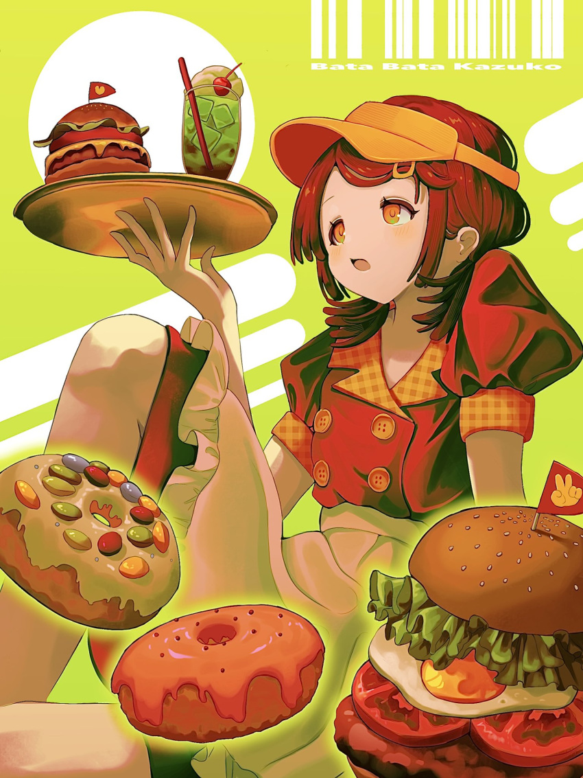 1girl apron barcode burger buttons double-breasted doughnut dress food green_background hair_ornament hairclip hand_up highres holding holding_tray ice_cream ice_cream_float kagenoyuhi knee_up low_twintails medium_hair open_mouth orange_eyes original puffy_short_sleeves puffy_sleeves red_dress redhead short_sleeves sidelocks sitting solo tray twintails visor_cap waist_apron white_apron