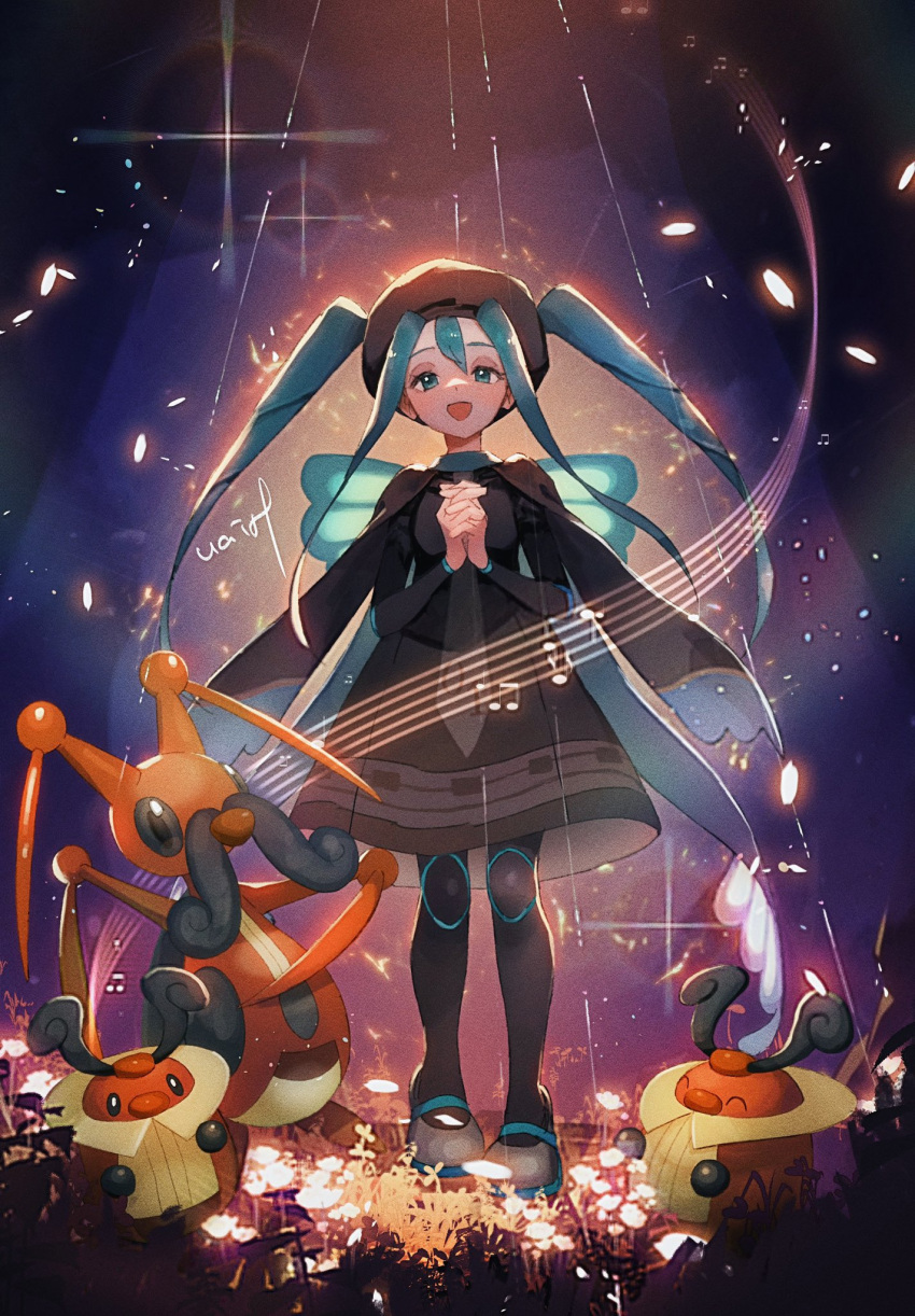 1girl :d bug_miku_(project_voltage) commentary_request dress evolutionary_line from_below green_eyes green_hair hanenbo hat hatsune_miku highres interlocked_fingers kricketot kricketune long_hair long_sleeves musical_note open_mouth own_hands_together pantyhose pokemon pokemon_(creature) project_voltage shoes sidelocks signature smile staff_(music) standing twintails vocaloid