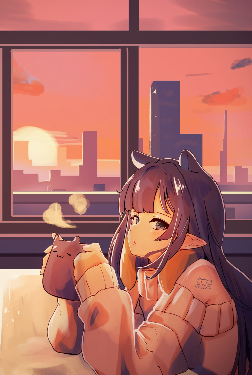 1girl blue_eyes cityscape coffee_mug cup elun_(elun_00) grey_sweater highres holding holding_cup hololive hololive_english long_hair looking_at_viewer mug ninomae_ina'nis open_mouth pointy_ears sidelocks solo sun sunset sweater takodachi_(ninomae_ina'nis) tentacle_hair violet_eyes virtual_youtuber