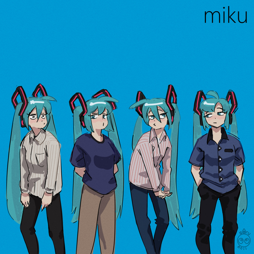4girls :| album_cover_redraw aqua_hair arms_behind_back black_pants blue_background blue_shirt brown_pants character_name character_request closed_mouth collared_shirt commentary derivative_work dress_shirt english_commentary green_eyes grey_shirt hair_between_eyes hair_ornament hands_in_pockets hatsune_miku highres long_hair long_sleeves multiple_girls pants shirt short_sleeves signature simple_background soru striped striped_shirt twintails vertical-striped_shirt vertical_stripes very_long_hair vocaloid weezer_(band)