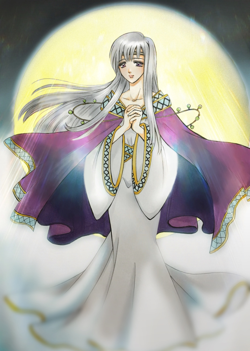 1girl absurdres cape circlet commentary_request dress fire_emblem fire_emblem:_genealogy_of_the_holy_war grey_hair highres jewelry julia_(fire_emblem) long_dress long_hair long_sleeves nyankoteioh own_hands_together praying smile solo violet_eyes