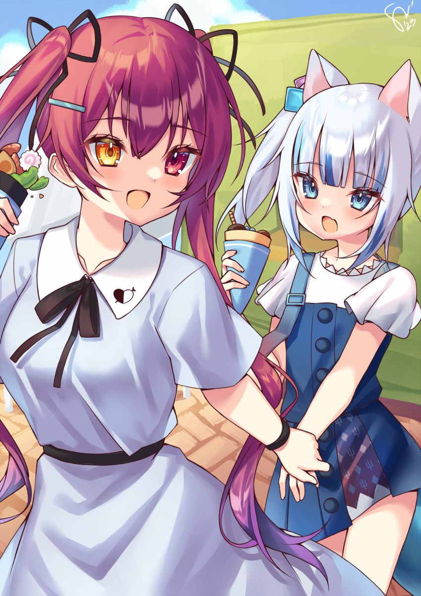 2girls animal_ears blue_eyes blue_hair blue_skirt cat cat_ears crepe cube_hair_ornament dress fins fish_tail food gawr_gura gawr_gura_(2nd_costume) grey_hair hair_ornament hair_ribbon heterochromia highres holding holding_food holding_hands hololive hololive_english houshou_marine looking_at_another multicolored_hair multiple_girls official_alternate_costume one_side_up open_mouth red_eyes red_ribbon redhead ribbon shark_girl shark_tail shinkiro_(hololive) shirt sidelocks skirt skirt_set smile streaked_hair tail twintails virtual_youtuber watashishi white_dress white_shirt yellow_eyes