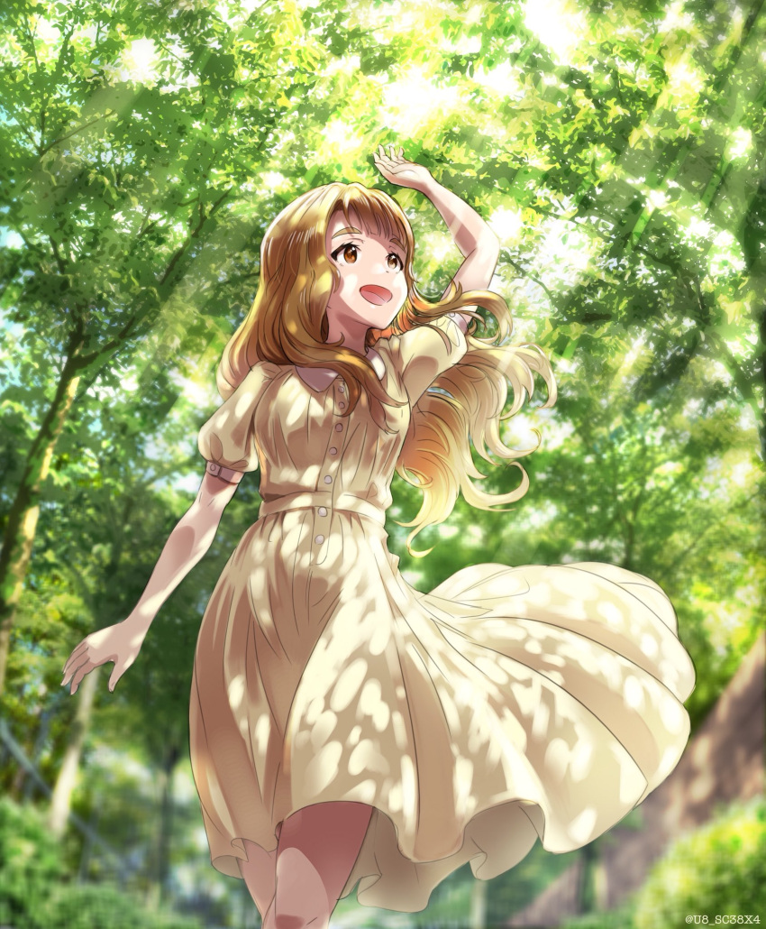 1girl arm_up blurry blush breasts brown_eyes brown_hair cowboy_shot dappled_sunlight day depth_of_field dot_nose dress highres idolmaster idolmaster_million_live! idolmaster_million_live!_theater_days long_hair looking_at_another looking_up medium_breasts miyao_miya open_mouth outdoors short_sleeves smile solo standing sunlight thick_eyebrows twitter_username u8_sc38x4 yellow_dress