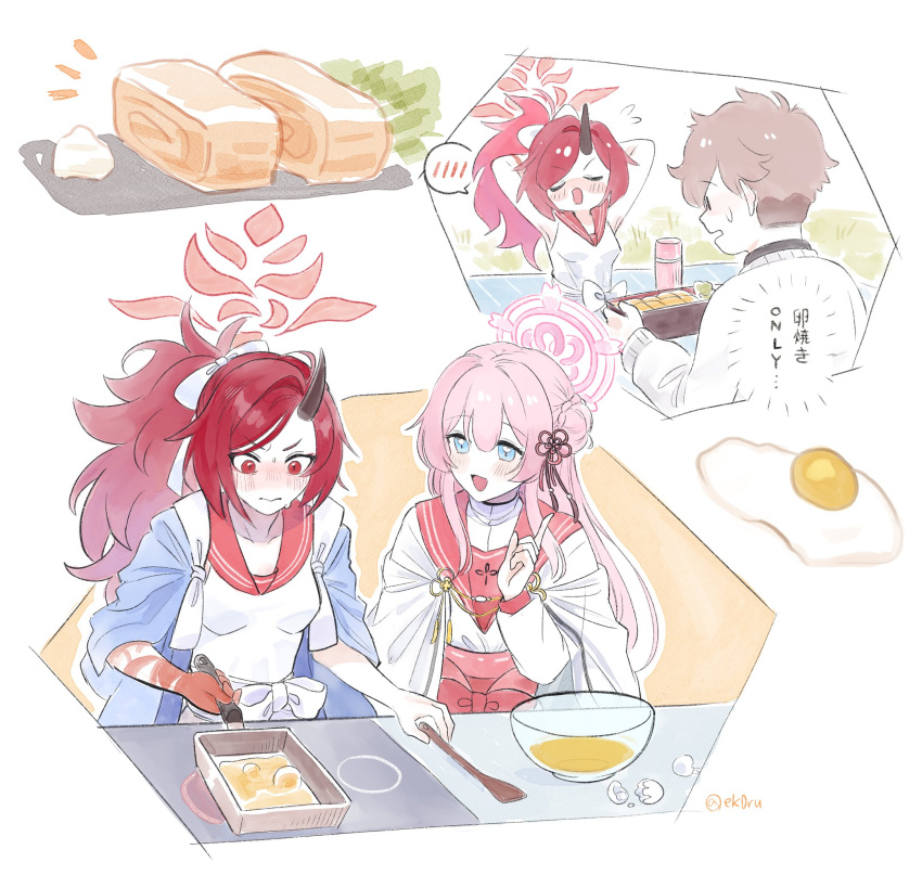 1boy 2girls black_horns blue_archive blue_eyes blush breasts brown_hair closed_eyes closed_mouth cooking ekoru food hair_between_eyes halo haori highres horns japanese_clothes long_hair long_sleeves mimori_(blue_archive) multiple_girls omelet open_mouth pink_hair pink_halo ponytail red_eyes red_halo red_sailor_collar redhead renge_(blue_archive) revision sailor_collar sensei_(blue_archive) short_sleeves single_horn small_breasts smile tamagoyaki translation_request twitter_username