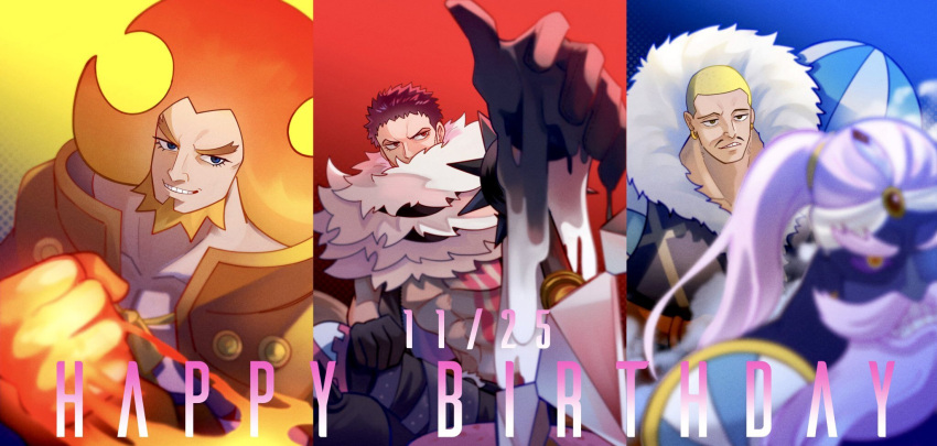 3boys abs bare_pectorals beard black_gloves blonde_hair blue_background blue_eyes bracelet brothers buzz_cut cape charlotte_daifuku charlotte_katakuri charlotte_oven chest_tattoo covered_mouth earrings facial_hair forked_eyebrows fur_collar genie gloves glowing_fist happy_birthday highres hot impossible_hair jewelry looking_to_the_side male_focus mature_male menue_mn multiple_boys muscular muscular_male one_piece open_clothes open_vest orange_hair pants pectorals pencil_mustache pink_eyes pink_hair scar scar_on_face scarf short_hair shoulder_pads siblings smile spiked_bracelet spikes stitches tattoo thick_eyebrows triplets turban upper_body very_short_hair vest yellow_background