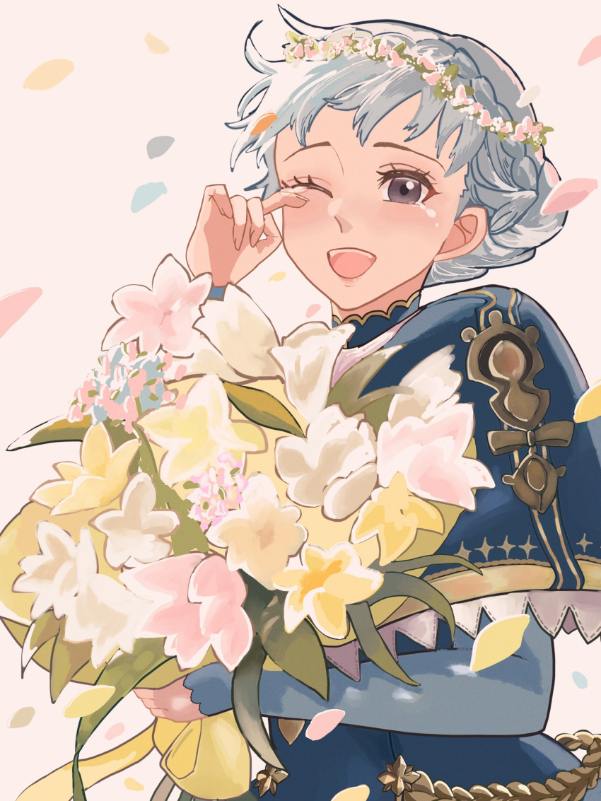 1girl blue_capelet blue_dress blue_hair bouquet braid bridal_gauntlets capelet chimney_(chimney0311) crown_braid dress english_commentary eyelashes fire_emblem fire_emblem:_three_houses flower grey_eyes happy_tears head_wreath highres holding holding_bouquet marianne_von_edmund one_eye_closed open_mouth pink_flower short_hair simple_background smile solo tears teeth upper_teeth_only white_background white_flower yellow_flower