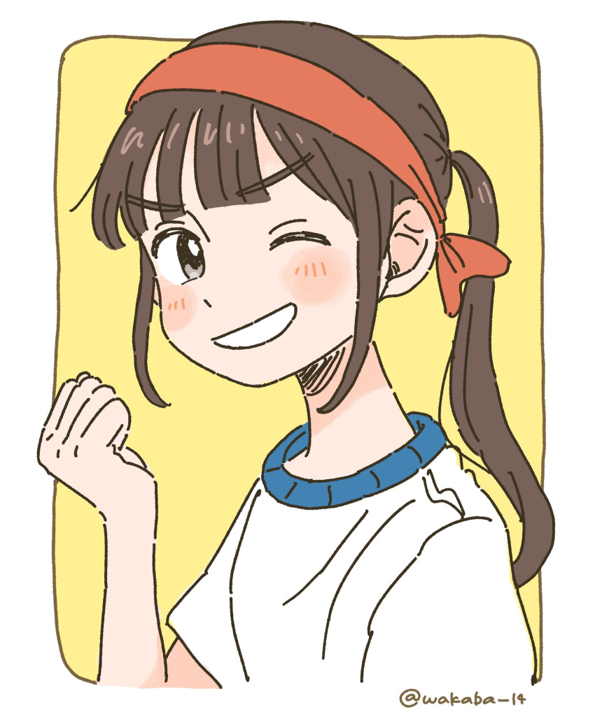 1girl border brown_eyes brown_hair clenched_hand grin headband highres light_blush looking_at_viewer medium_hair one_eye_closed original parted_lips ponytail red_headband shirt simple_background smile solo twitter_username upper_body wakaba_maekawa white_border white_shirt