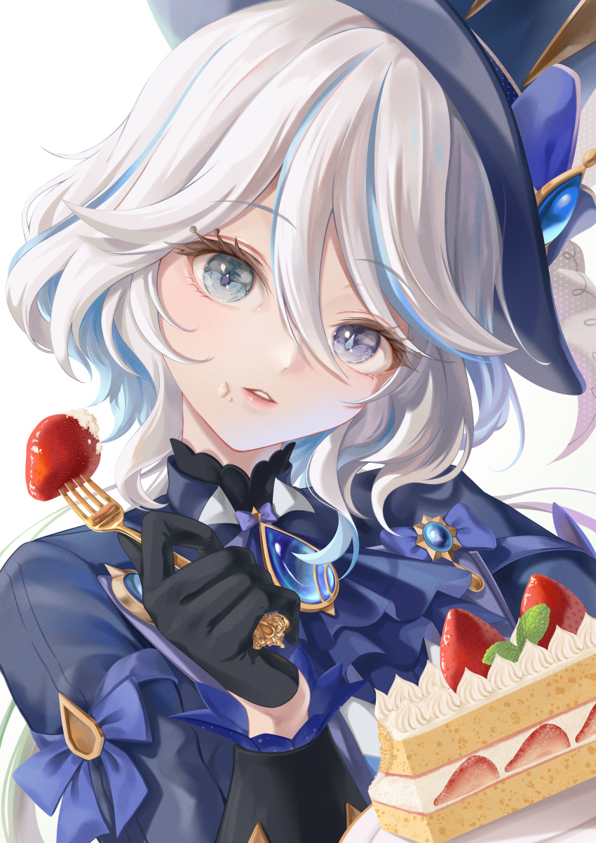 1girl absurdres ascot black_gloves blue_ascot blue_brooch blue_eyes blue_hair blue_headwear blue_jacket cake commentary_request drop-shaped_pupils english_commentary food food_on_face fork fruit furina_(genshin_impact) genshin_impact gloves gold_fork hair_between_eyes hat hat_ribbon head_tilt highres holding holding_fork jacket kns_hanazuna light_blue_hair long_hair long_sleeves looking_at_viewer mixed-language_commentary multicolored_hair parted_lips plate ribbon simple_background solo strawberry strawberry_shortcake streaked_hair top_hat upper_body white_background