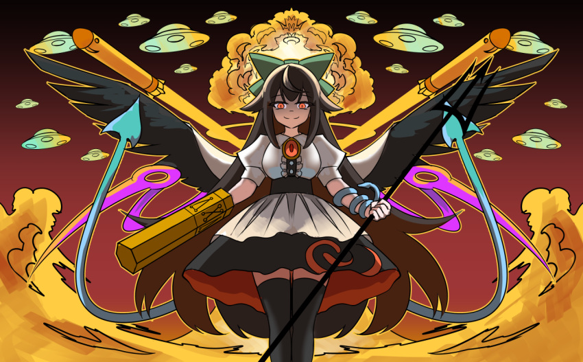 1girl a-xii arm_cannon bird_wings black_skirt black_thighhighs black_wings blue_wings bow breasts brown_hair buttons cape center_frills closed_mouth collared_shirt commentary_request control_rod explosion feet_out_of_frame frills fusion glowing glowing_eyes green_bow hair_bow holding_trident houjuu_nue large_breasts long_hair looking_at_viewer medium_bangs mimi-chan missile orange_eyes pink_wings puffy_short_sleeves puffy_sleeves reiuji_utsuho shaded_face shirt short_sleeves skirt slit_pupils smile snake solo split_mouth standing thigh-highs third_eye tomoe_(symbol) touhou touhou_(pc-98) ufo weapon white_cape white_shirt wings